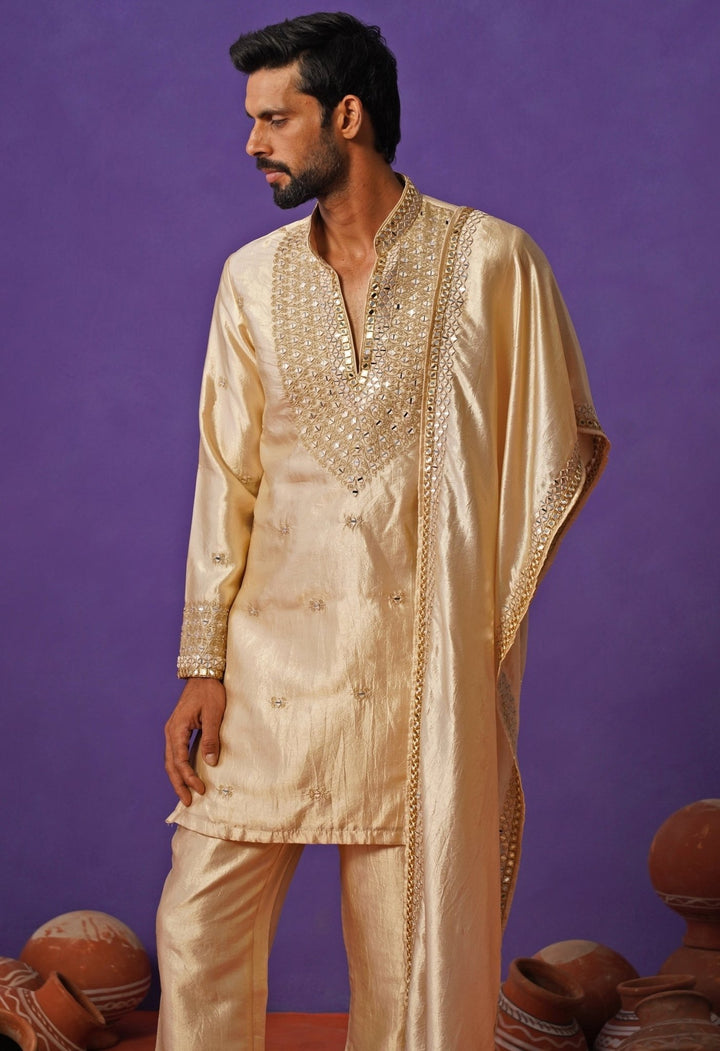 Kalpraag Beige Silk Mirror Kurta Set with DupattaFabilicious Fashion
