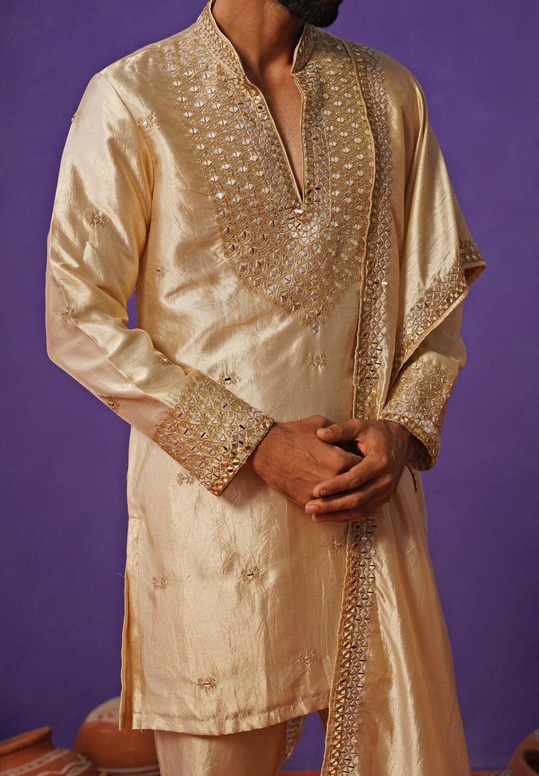 Kalpraag Beige Silk Mirror Kurta Set with DupattaFabilicious Fashion