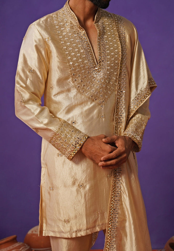 Kalpraag Beige Silk Mirror Kurta Set with DupattaFabilicious Fashion