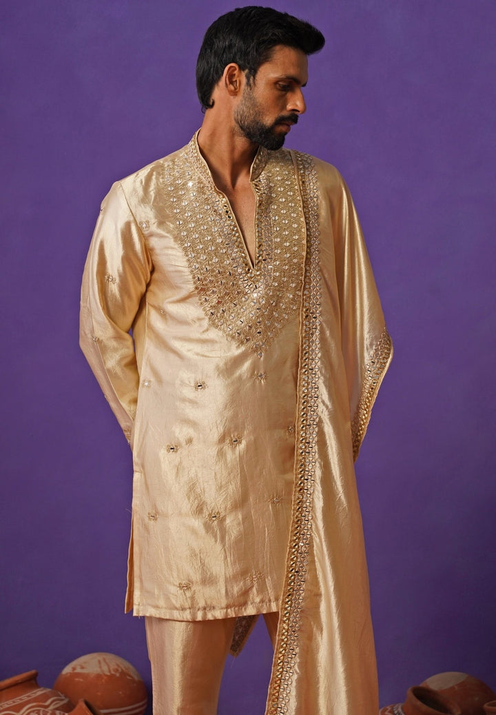 Kalpraag Beige Silk Mirror Kurta Set with DupattaFabilicious Fashion