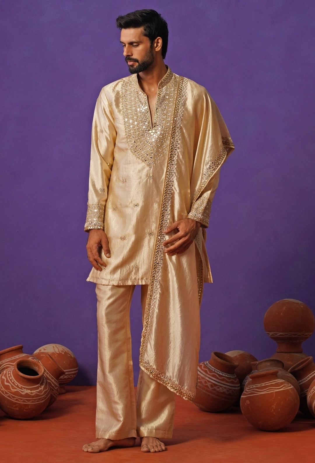 Kalpraag Beige Silk Mirror Kurta Set with DupattaFabilicious Fashion