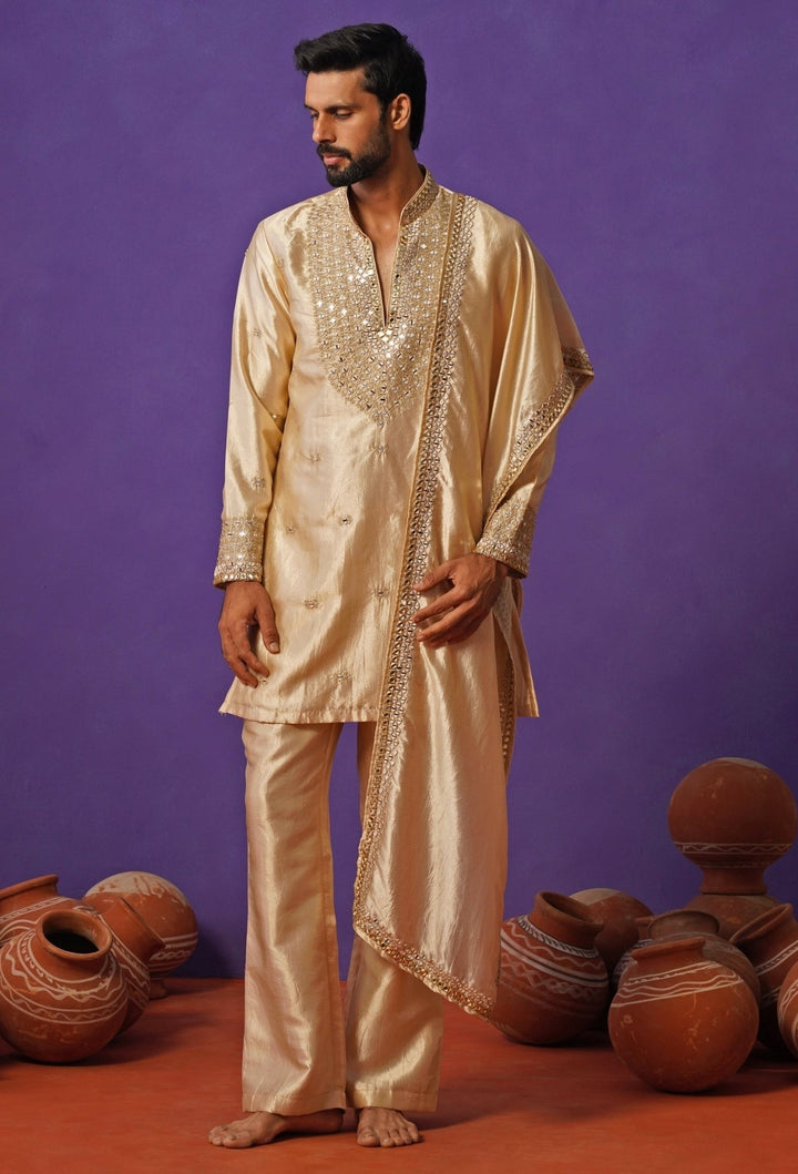 Kalpraag Beige Silk Mirror Kurta Set with DupattaFabilicious Fashion