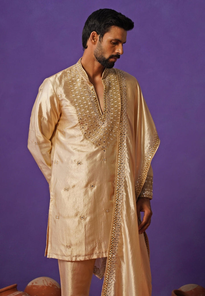 Kalpraag Beige Silk Mirror Kurta Set with DupattaFabilicious Fashion