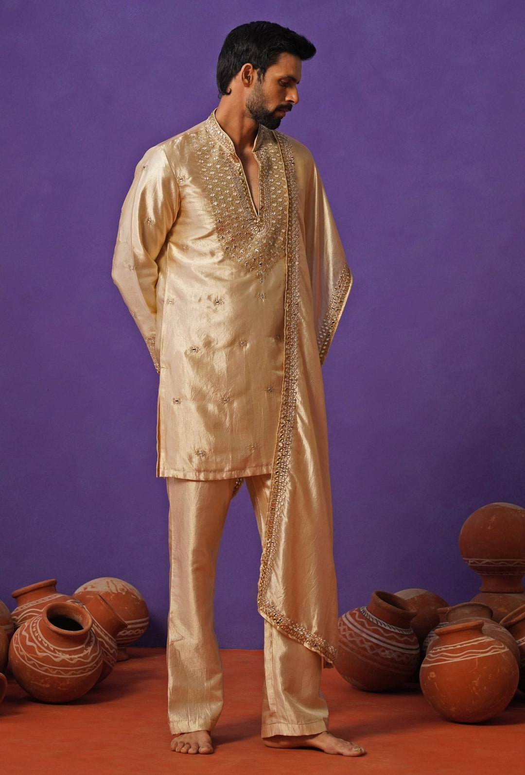Kalpraag Beige Silk Mirror Kurta Set with DupattaFabilicious Fashion