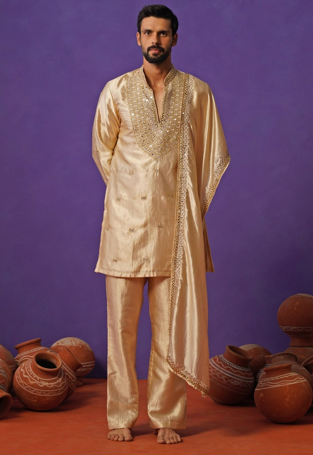 Kalpraag Beige Silk Mirror Kurta Set with DupattaFabilicious Fashion