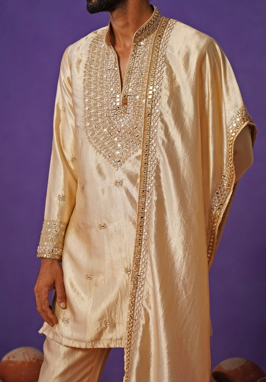 Kalpraag Beige Silk Mirror Kurta Set with DupattaFabilicious Fashion