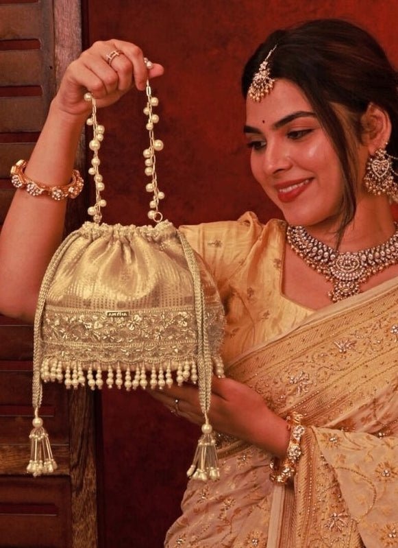 Amyra Beige Silk Organza Bucket BagFabilicious Fashion