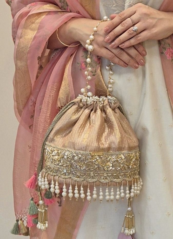 Amyra Beige Silk Organza Bucket BagFabilicious Fashion