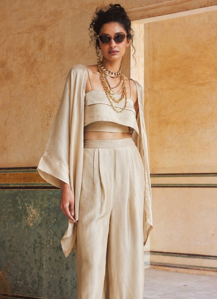 Paulmi and Harsh Beige Silk Organza Pant Set With JacketFabilicious Fashion
