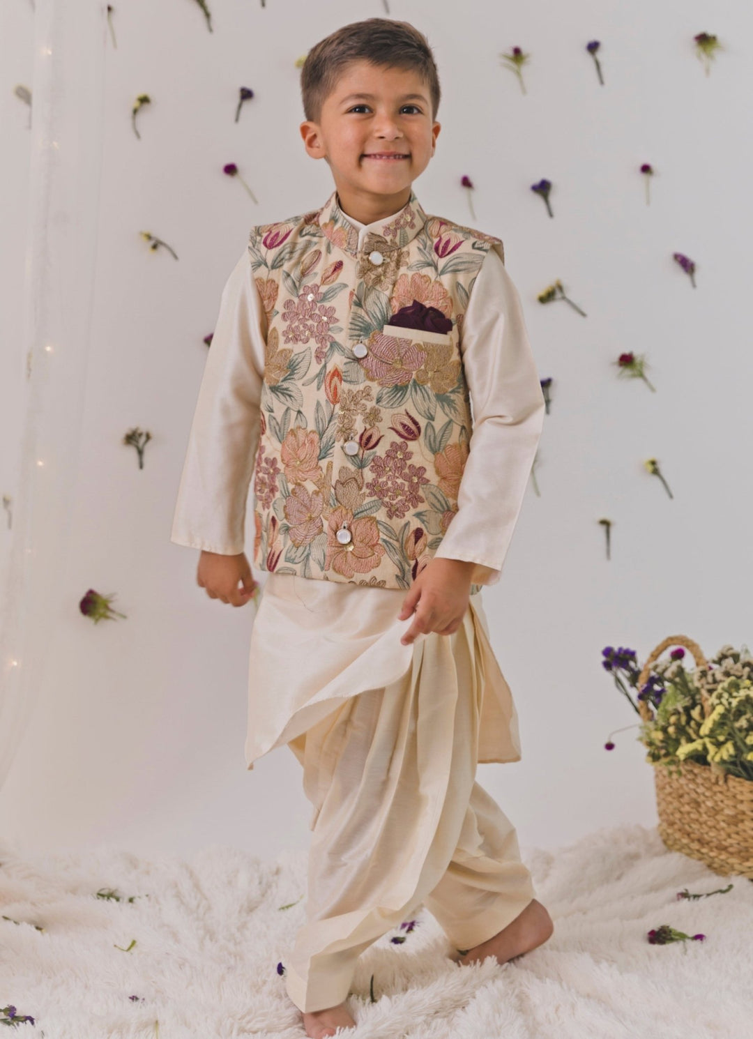 Chotibuti Beige Silk Pathani Kurta Set With Multicolour BundiFabilicious Fashion