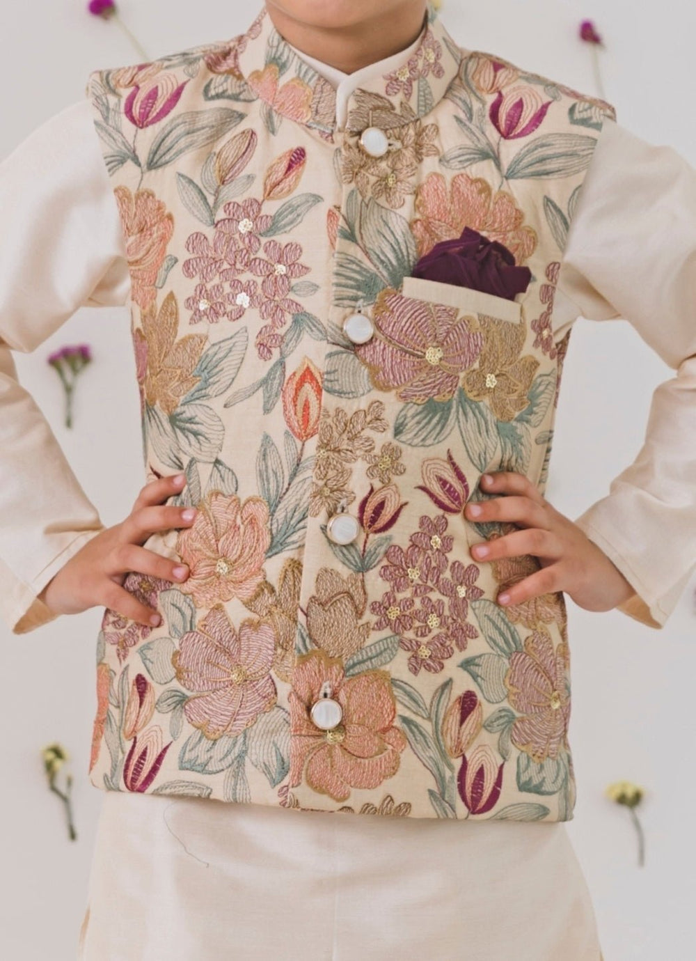Beige Silk Pathani Kurta Set With Multicolour Bundi Chotibuti - Fabilicious Fashion