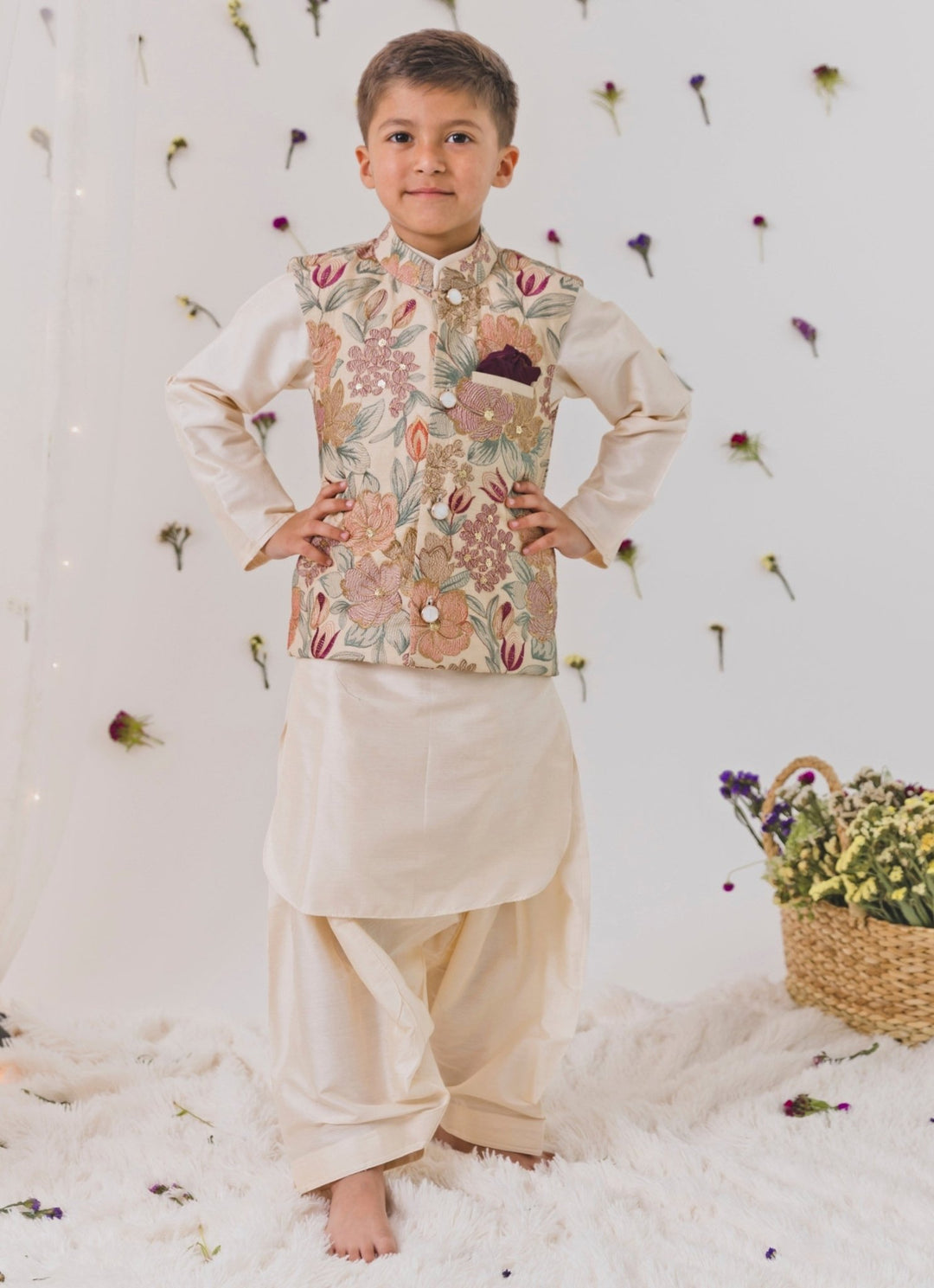 Beige Silk Pathani Kurta Set With Multicolour Bundi Chotibuti - Fabilicious Fashion