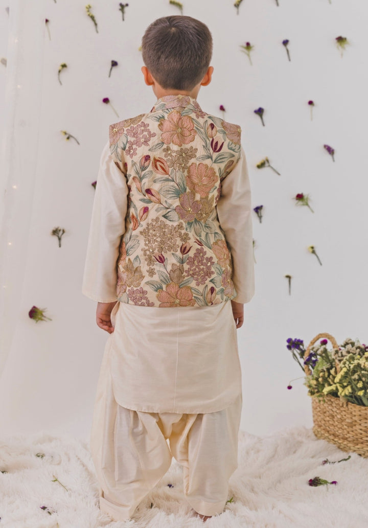Chotibuti Beige Silk Pathani Kurta Set With Multicolour BundiFabilicious Fashion
