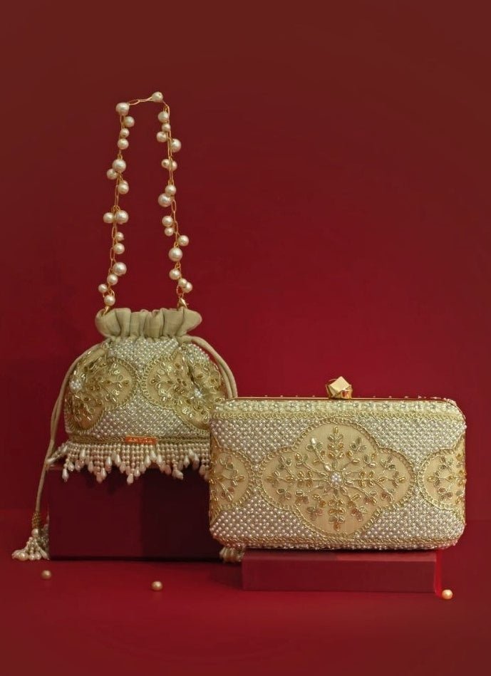 Beige Silk Pearl Clutch Amyra - Fabilicious Fashion