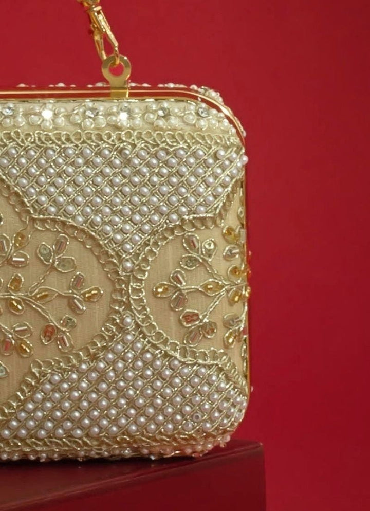 Beige Silk Pearl Clutch Amyra - Fabilicious Fashion
