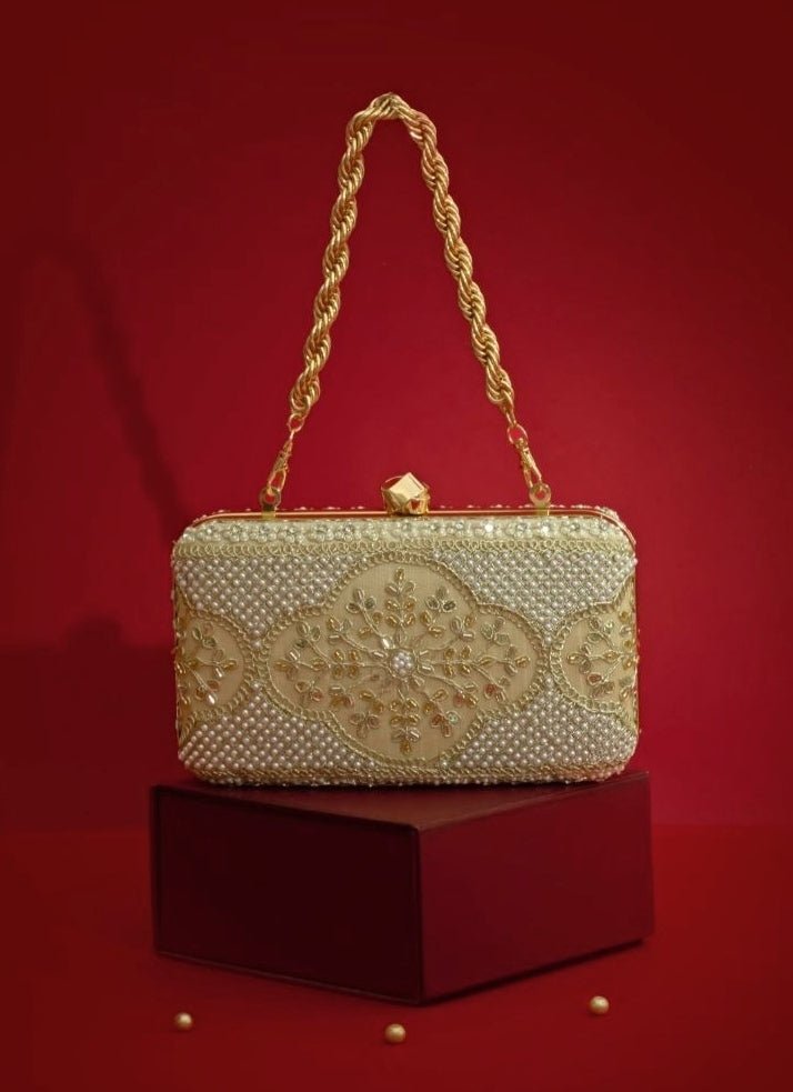 Beige Silk Pearl Clutch Amyra - Fabilicious Fashion