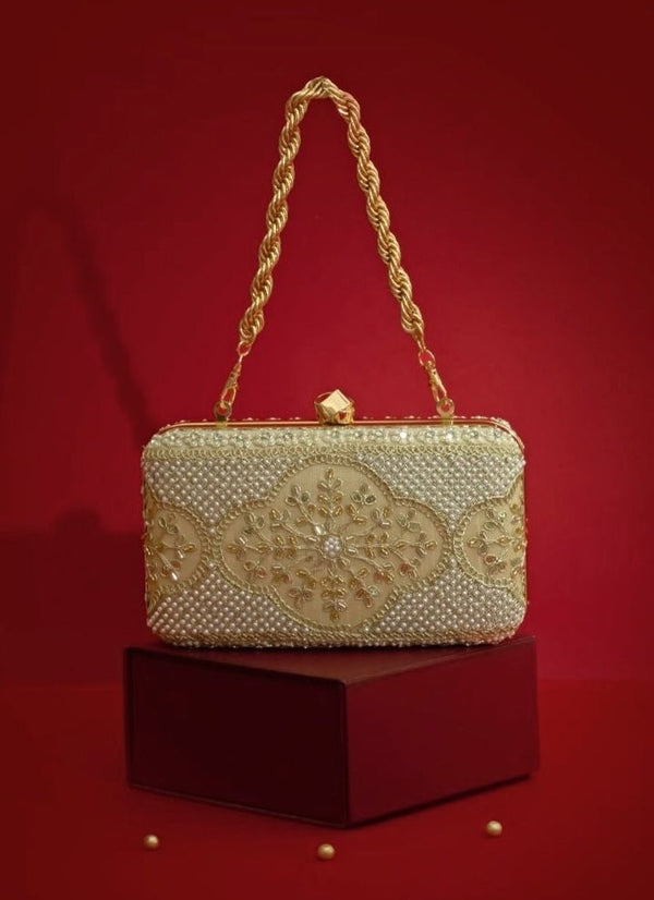 Beige Silk Pearl Clutch