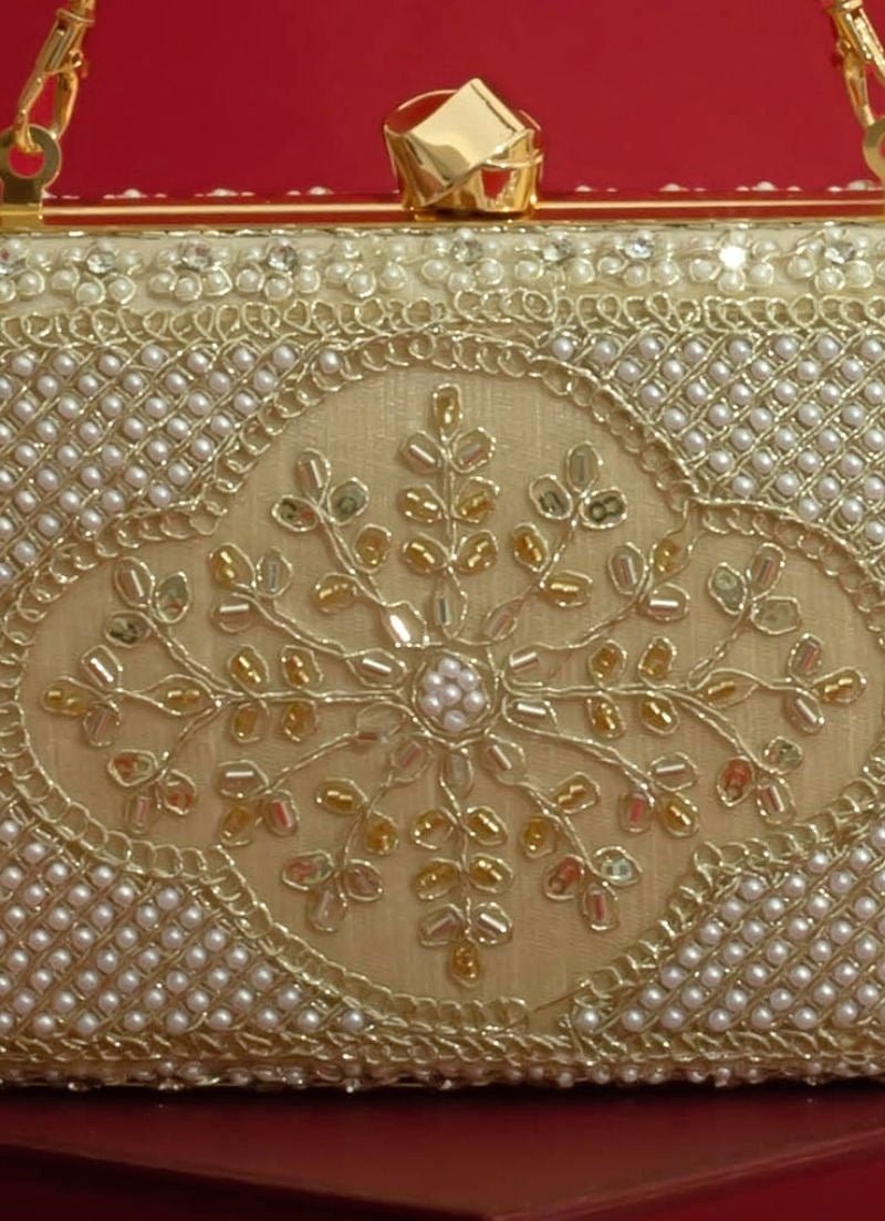 Beige Silk Pearl Clutch Amyra - Fabilicious Fashion