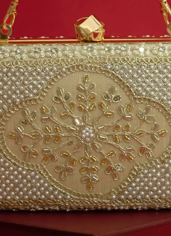 Beige Silk Pearl Clutch Amyra - Fabilicious Fashion