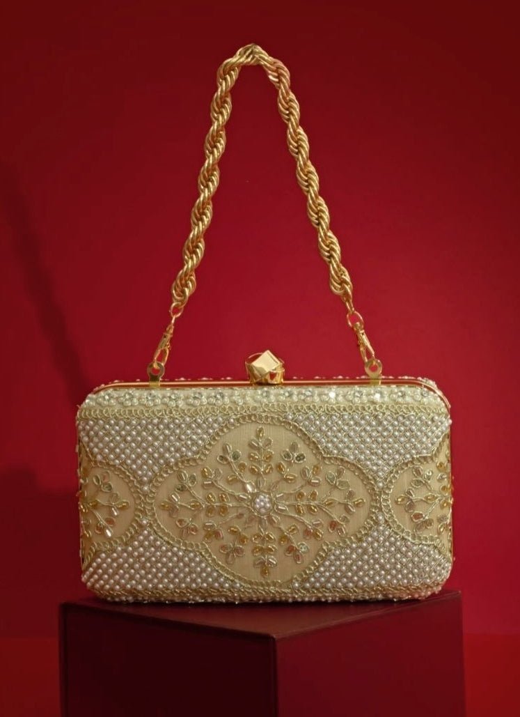 Beige Silk Pearl Clutch Amyra - Fabilicious Fashion