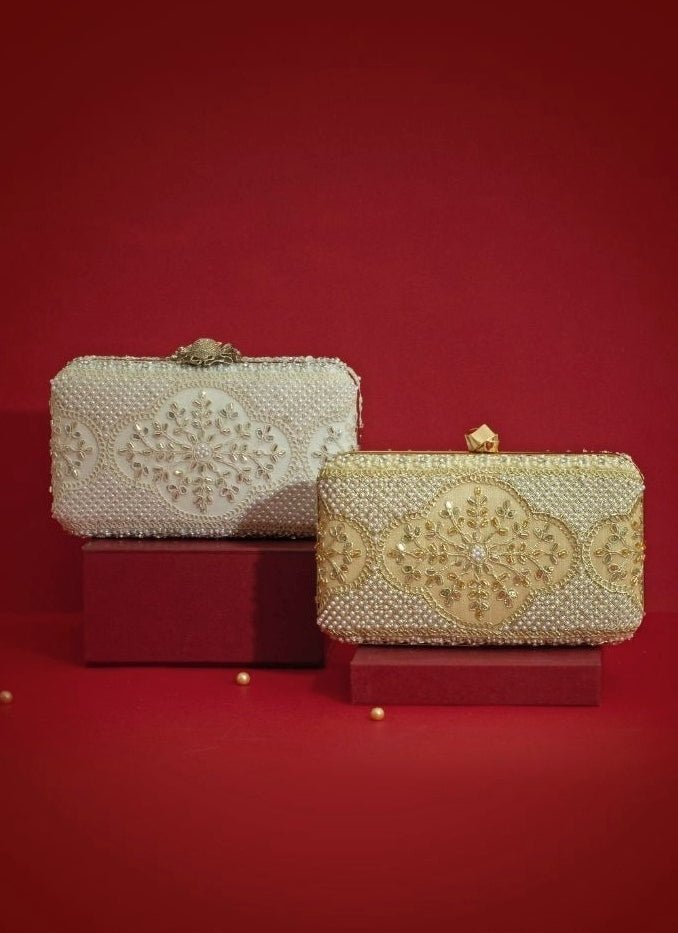 Beige Silk Pearl Clutch Amyra - Fabilicious Fashion