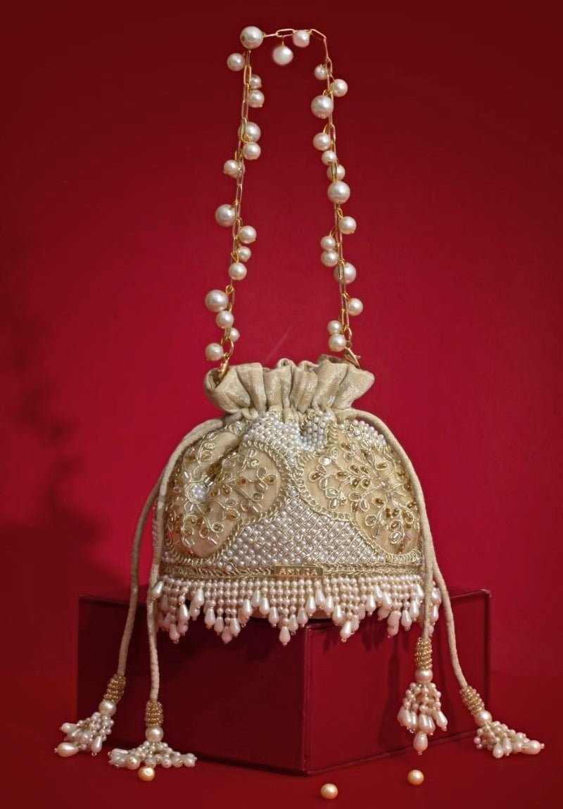 Beige Silk Pearl Potli Amyra - Fabilicious Fashion