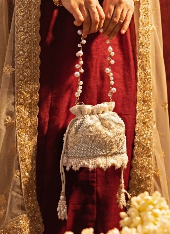 Beige Silk Pearl Potli Amyra - Fabilicious Fashion