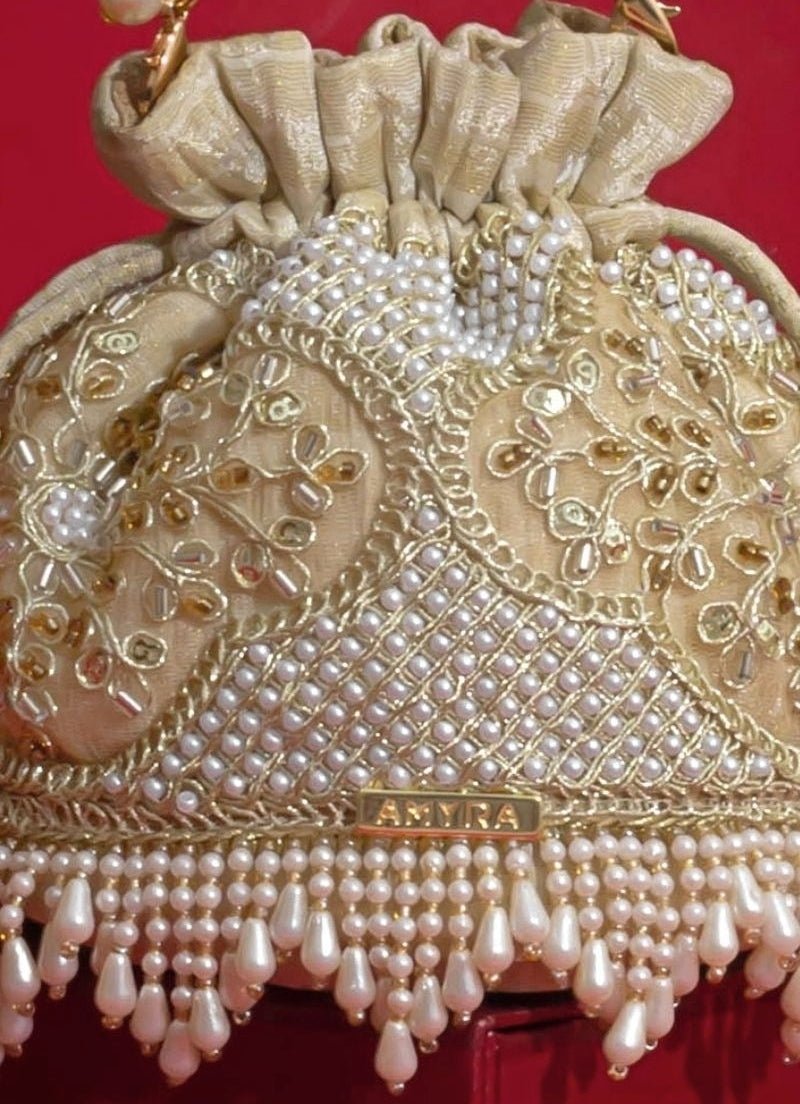 Beige Silk Pearl Potli Amyra - Fabilicious Fashion