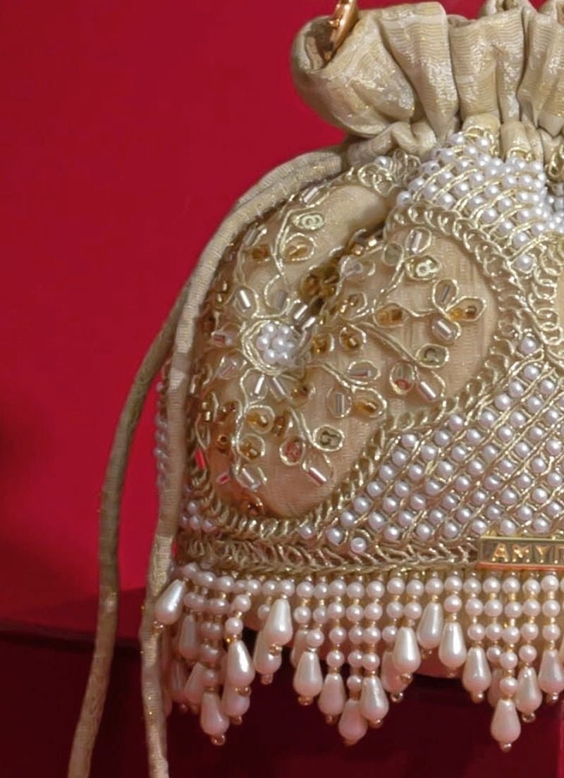 Beige Silk Pearl Potli Amyra - Fabilicious Fashion