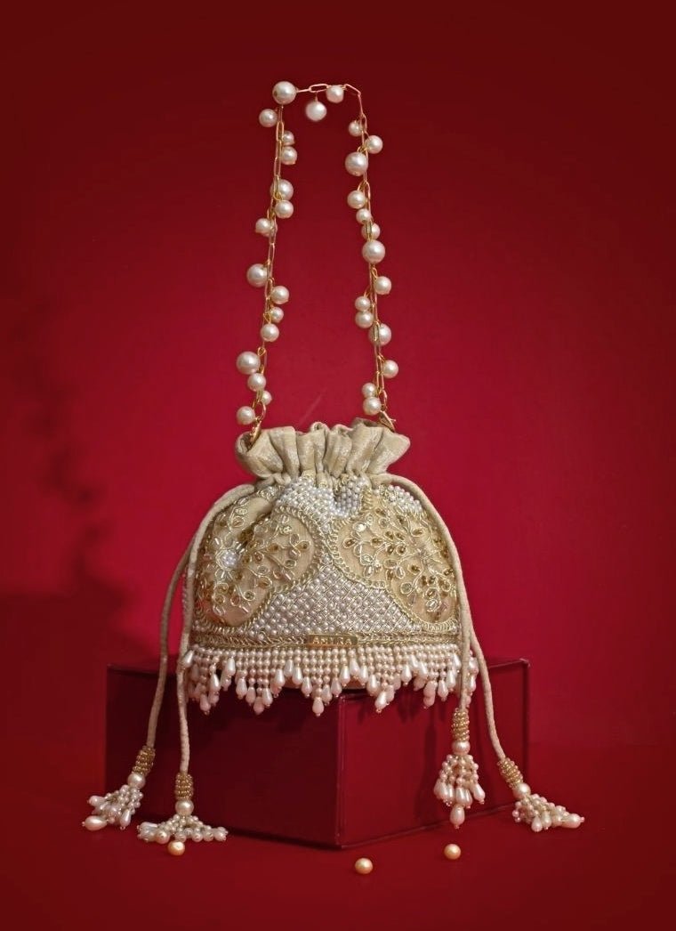 Beige Silk Pearl Potli Amyra - Fabilicious Fashion