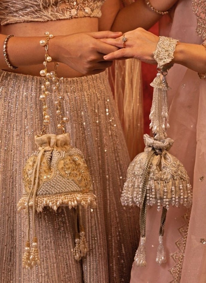 Beige Silk Pearl Potli Amyra - Fabilicious Fashion