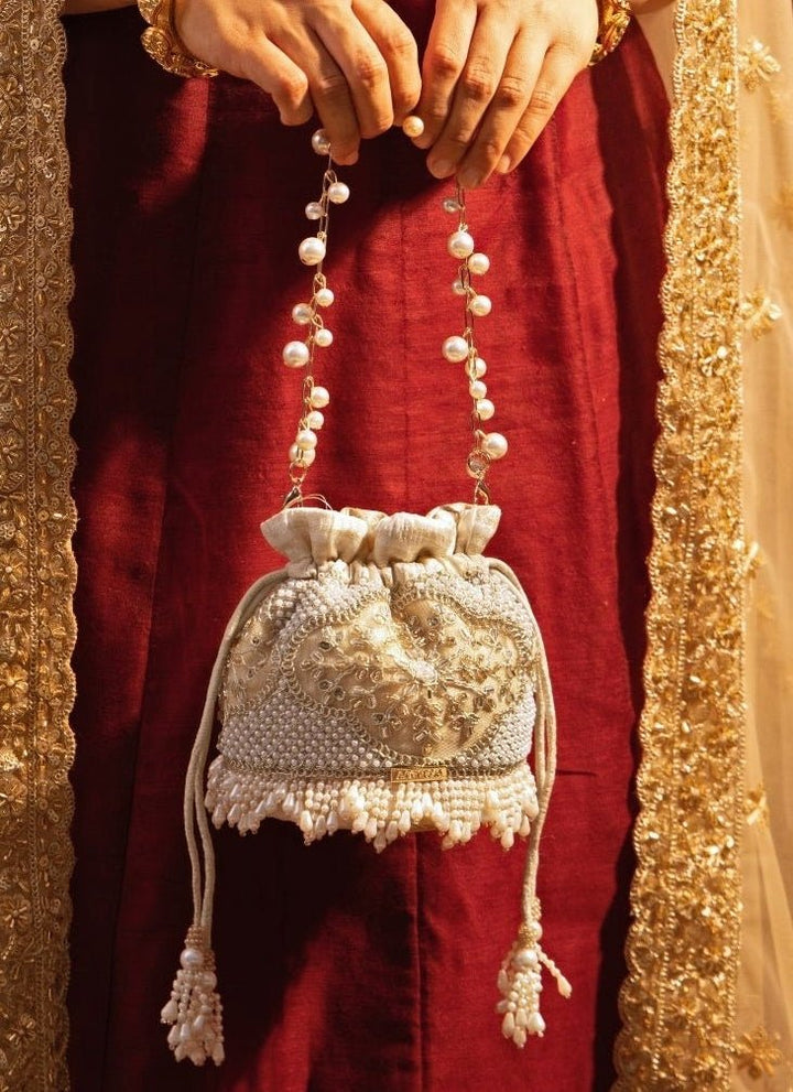 Beige Silk Pearl Potli Amyra - Fabilicious Fashion