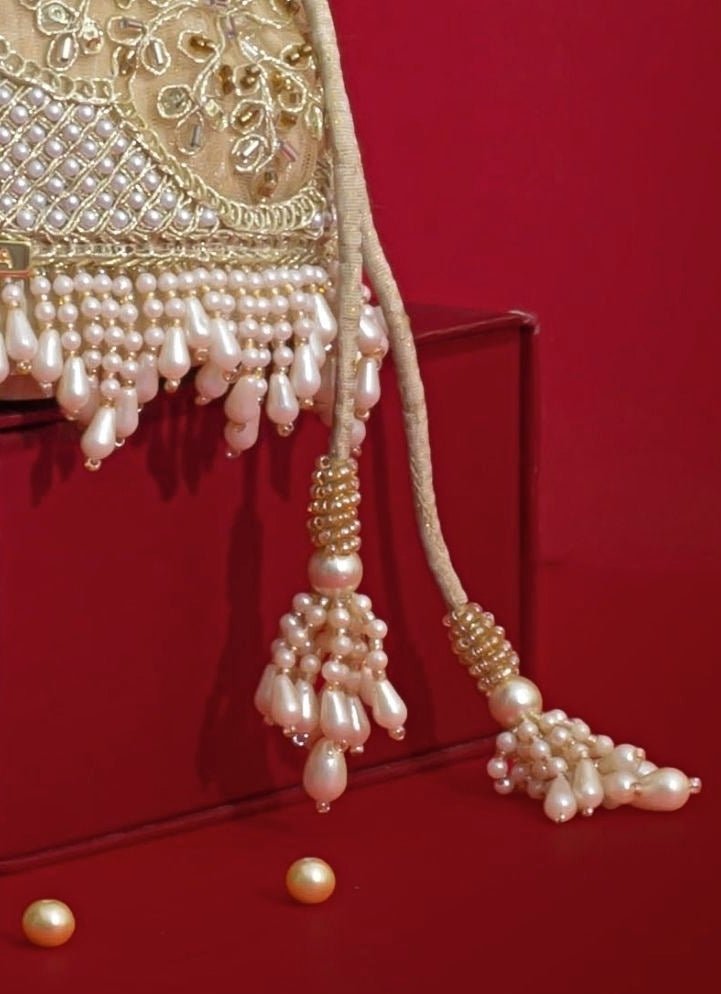Beige Silk Pearl Potli Amyra - Fabilicious Fashion