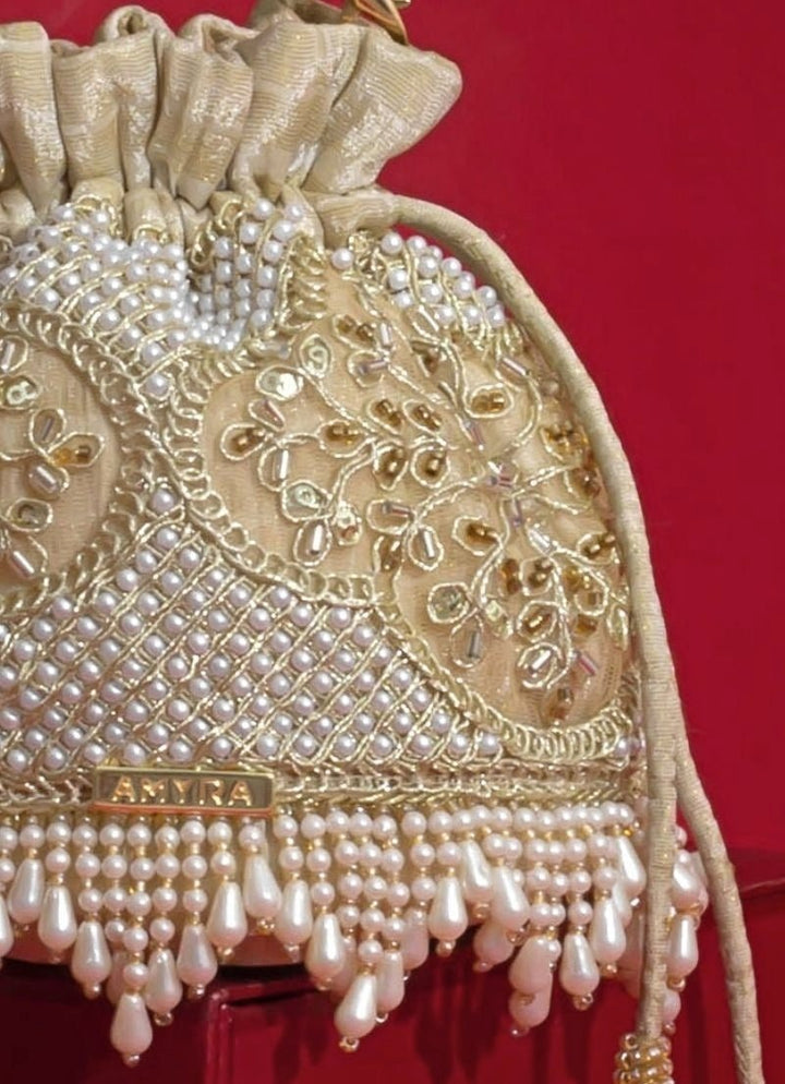 Beige Silk Pearl Potli Amyra - Fabilicious Fashion