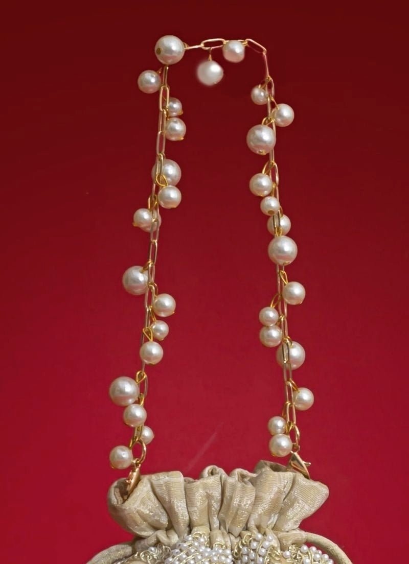 Beige Silk Pearl Potli Amyra - Fabilicious Fashion