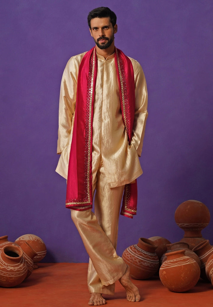 Beige Silk Short Kurta Set with Pink Dupatta Kalpraag - Fabilicious Fashion