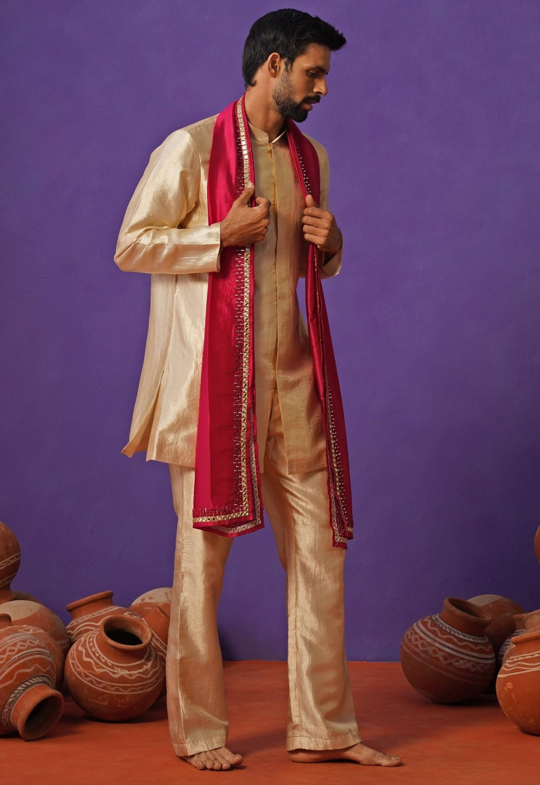 Beige Silk Short Kurta Set with Pink Dupatta Kalpraag - Fabilicious Fashion