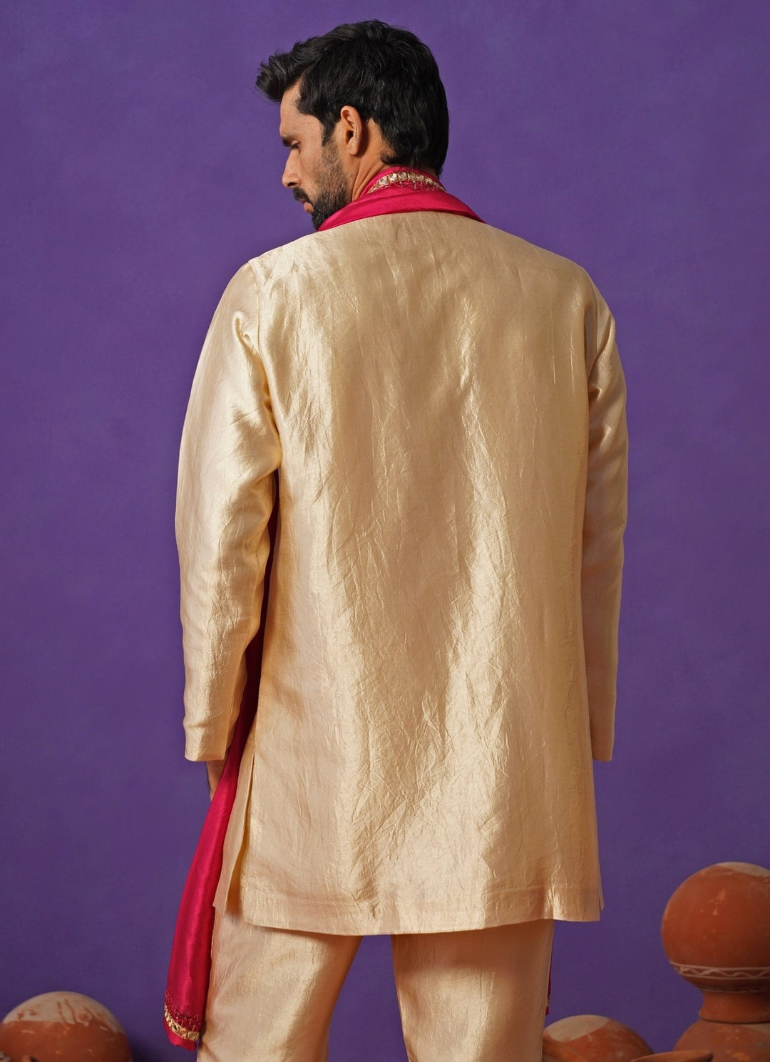 Beige Silk Short Kurta Set with Pink Dupatta Kalpraag - Fabilicious Fashion
