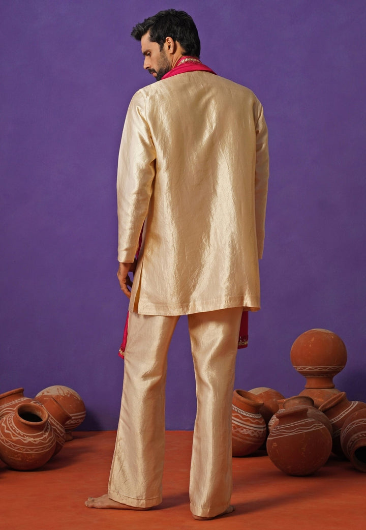 Beige Silk Short Kurta Set with Pink Dupatta Kalpraag - Fabilicious Fashion