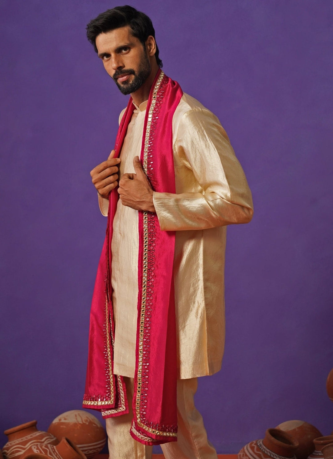 Beige Silk Short Kurta Set with Pink Dupatta Kalpraag - Fabilicious Fashion