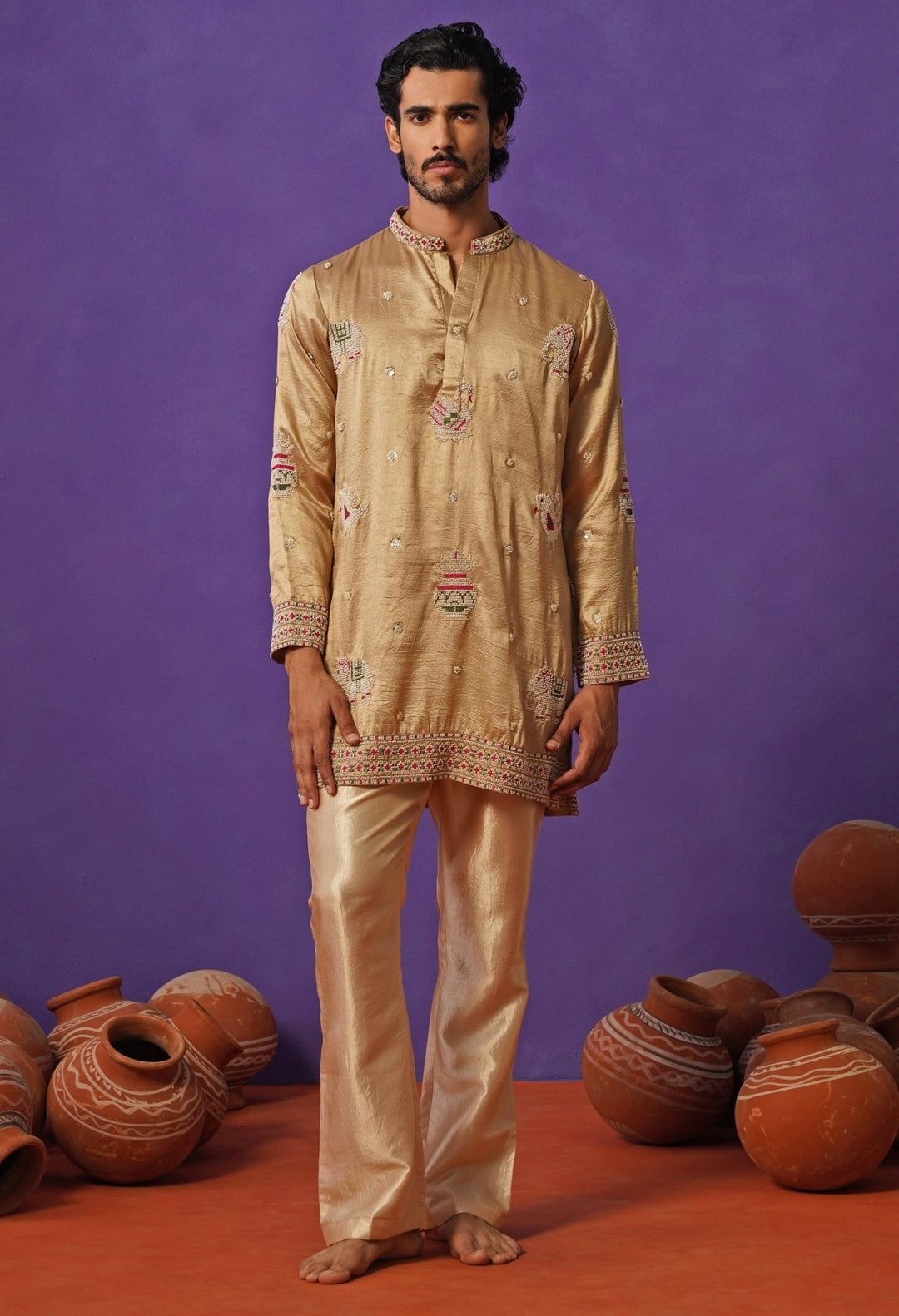 Beige Silk Short Kurta Set Kalpraag - Fabilicious Fashion
