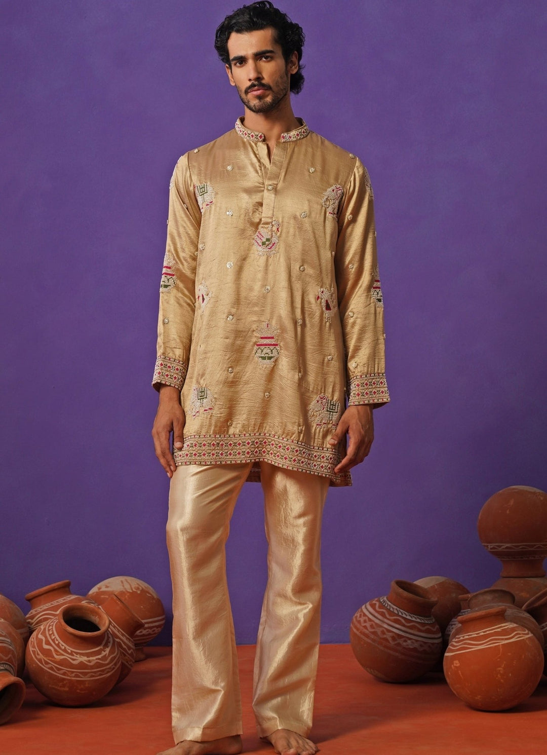 Beige Silk Short Kurta Set Kalpraag - Fabilicious Fashion