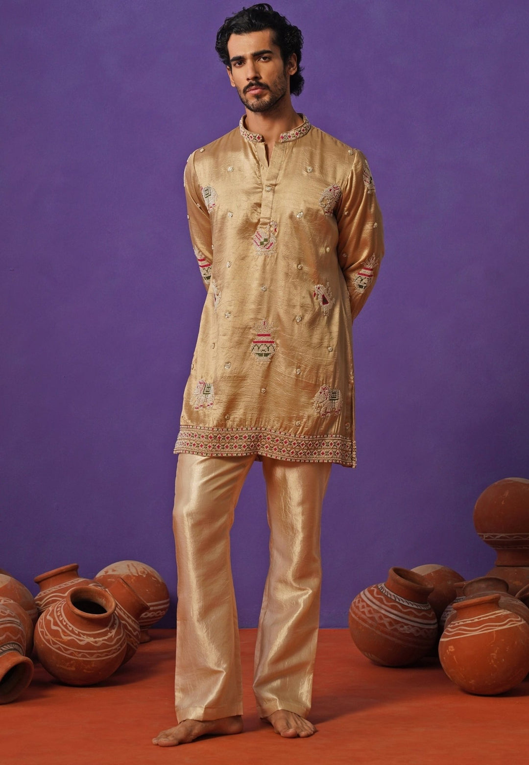 Beige Silk Short Kurta Set Kalpraag - Fabilicious Fashion