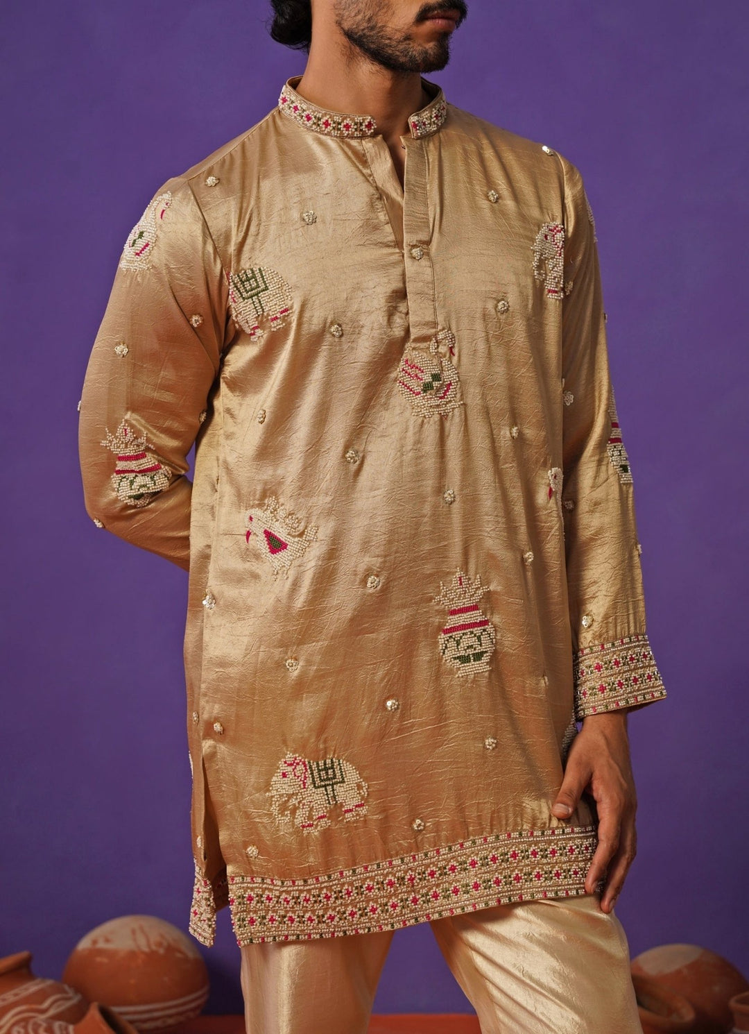 Beige Silk Short Kurta Set Kalpraag - Fabilicious Fashion