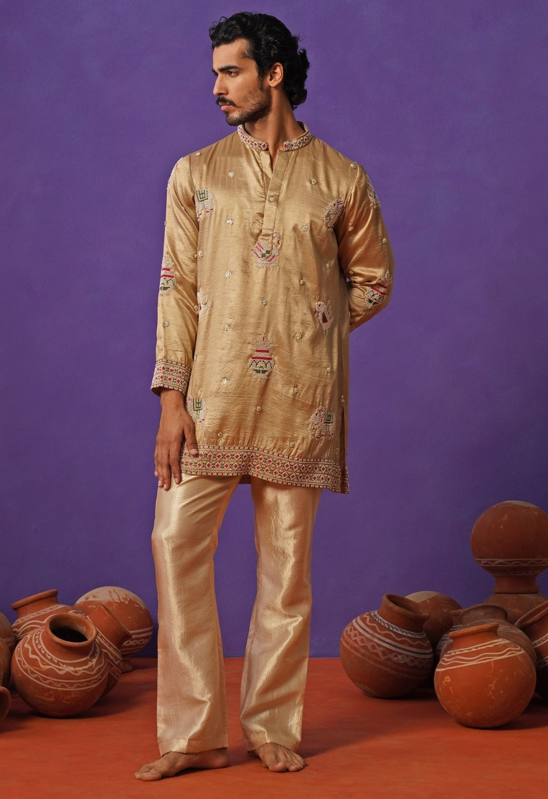 Beige Silk Short Kurta Set Kalpraag - Fabilicious Fashion
