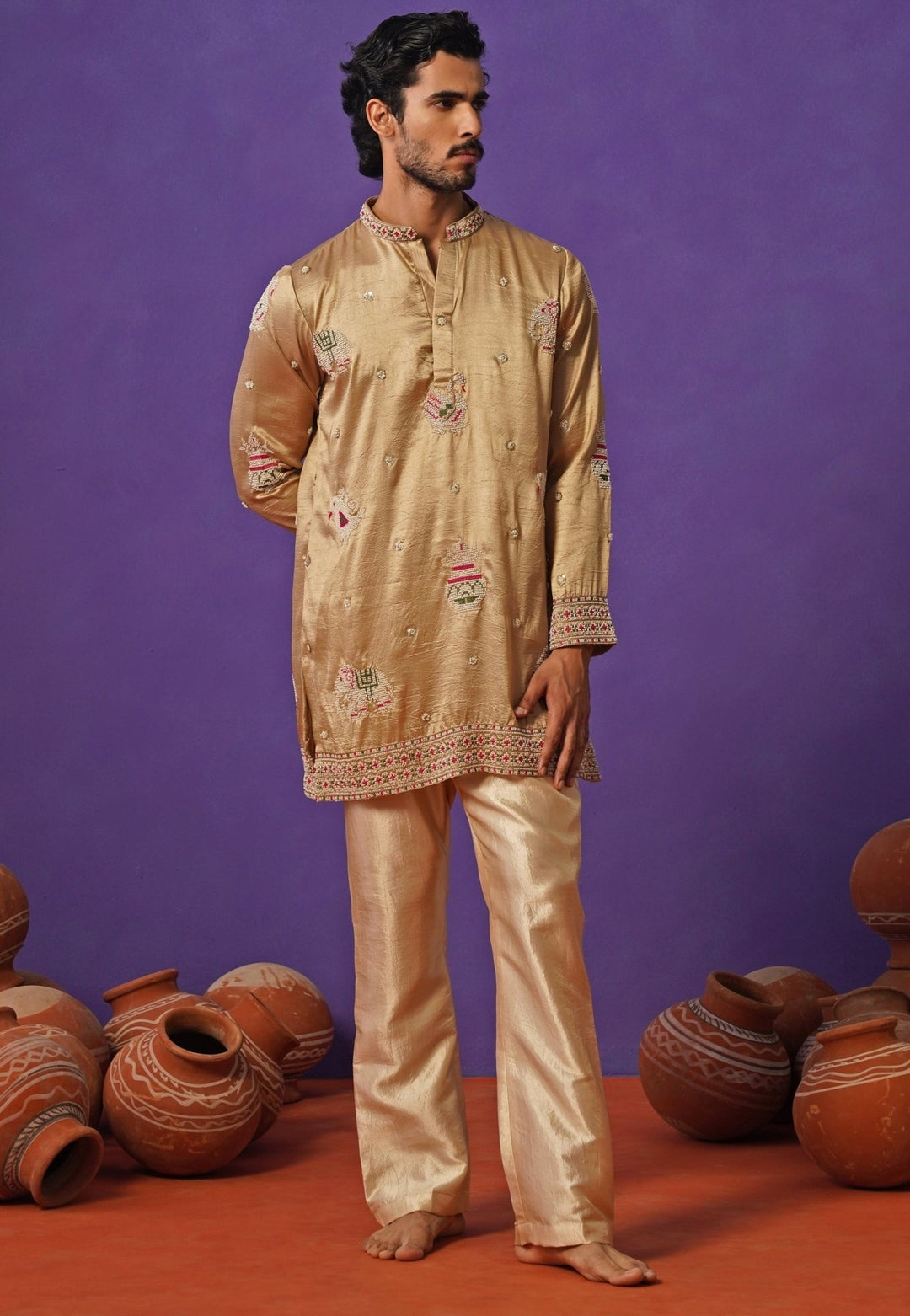 Beige Silk Short Kurta Set Kalpraag - Fabilicious Fashion