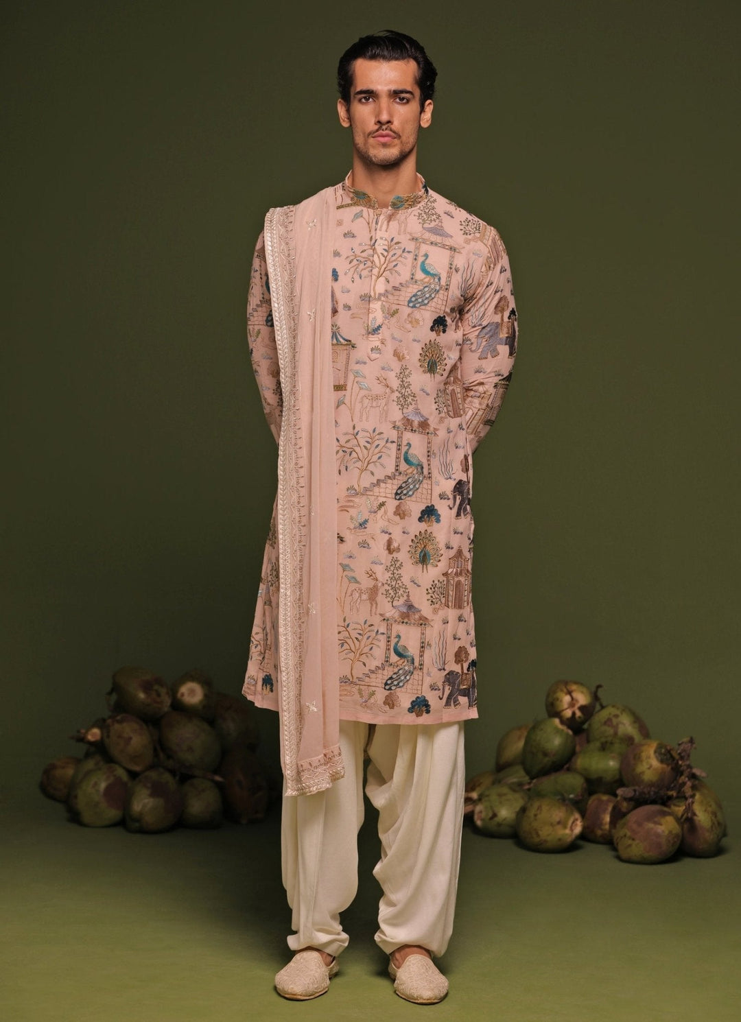 Beige Thread Embroidered Kurta Patiala Pant Set With Dupatta Kalpraag - Fabilicious Fashion
