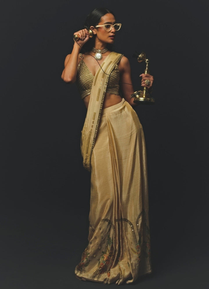 Beige Tissue Pre - Draped Saree Basil Leaf - Fabilicious Fashion