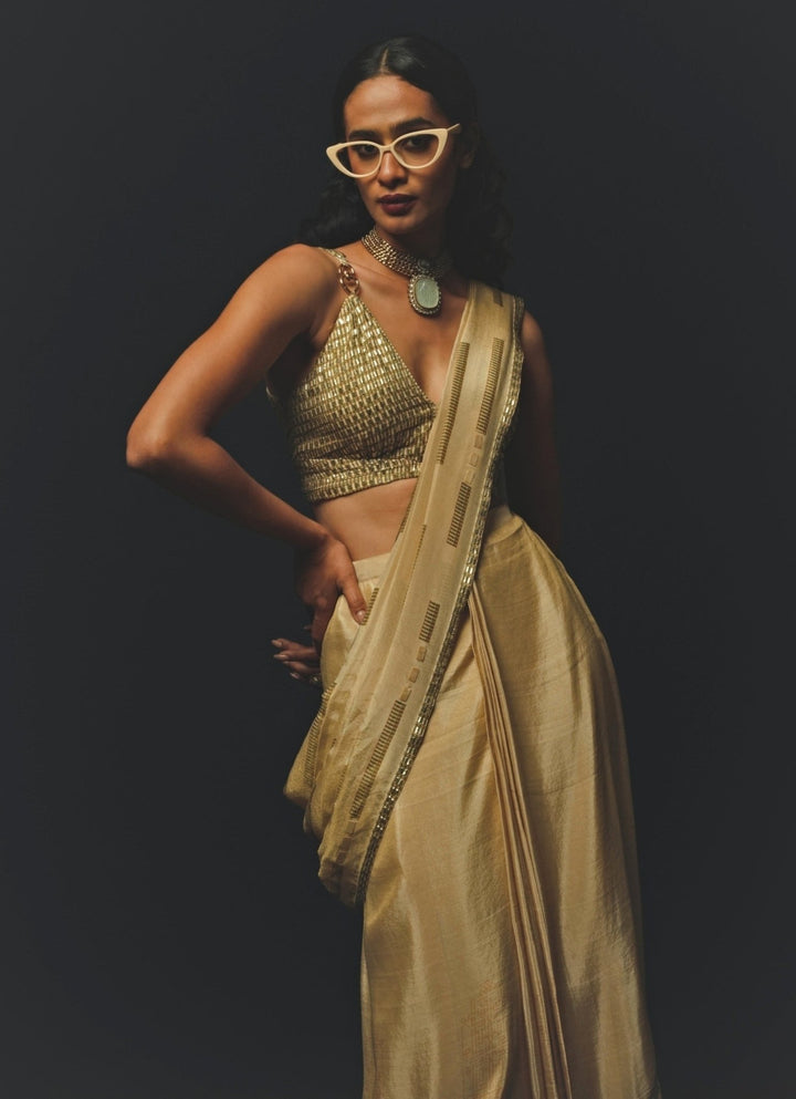 Beige Tissue Pre - Draped Saree Basil Leaf - Fabilicious Fashion