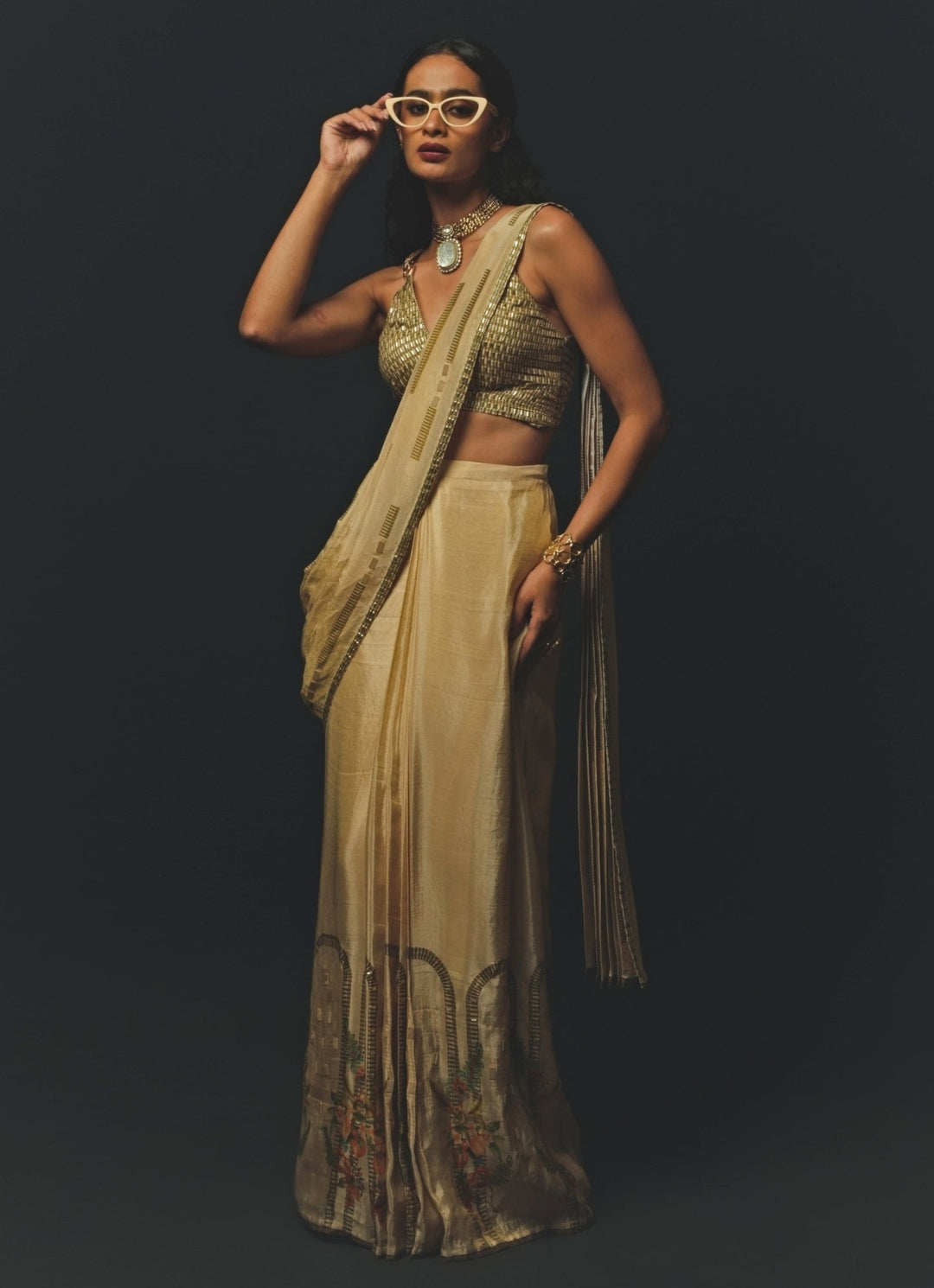 Beige Tissue Pre - Draped Saree Basil Leaf - Fabilicious Fashion
